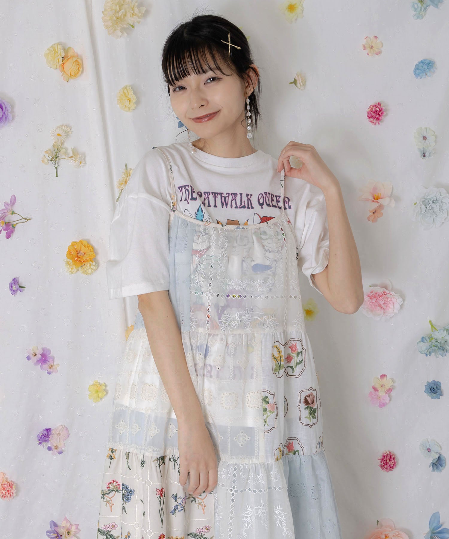 162603：花刺繍×コットンレース×シアー 異素材キャミワンピースの通販