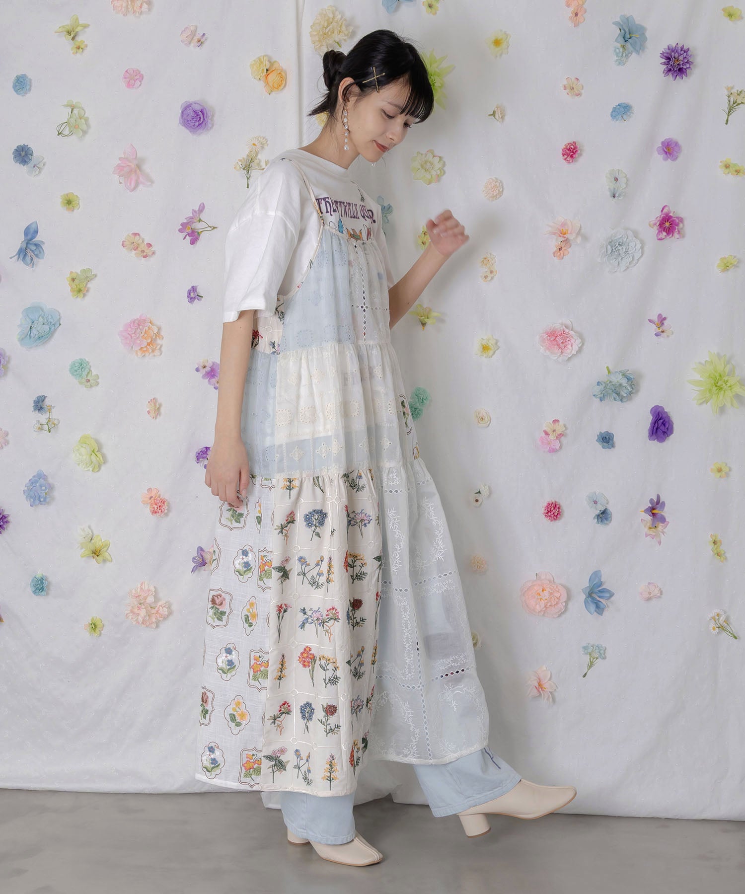 イギリスヴィンテージ 小花柄とスカラップコットンレース キャミワンピース 162603：花刺繍×コットンレース×シアー 異素材キャミワンピースの通販