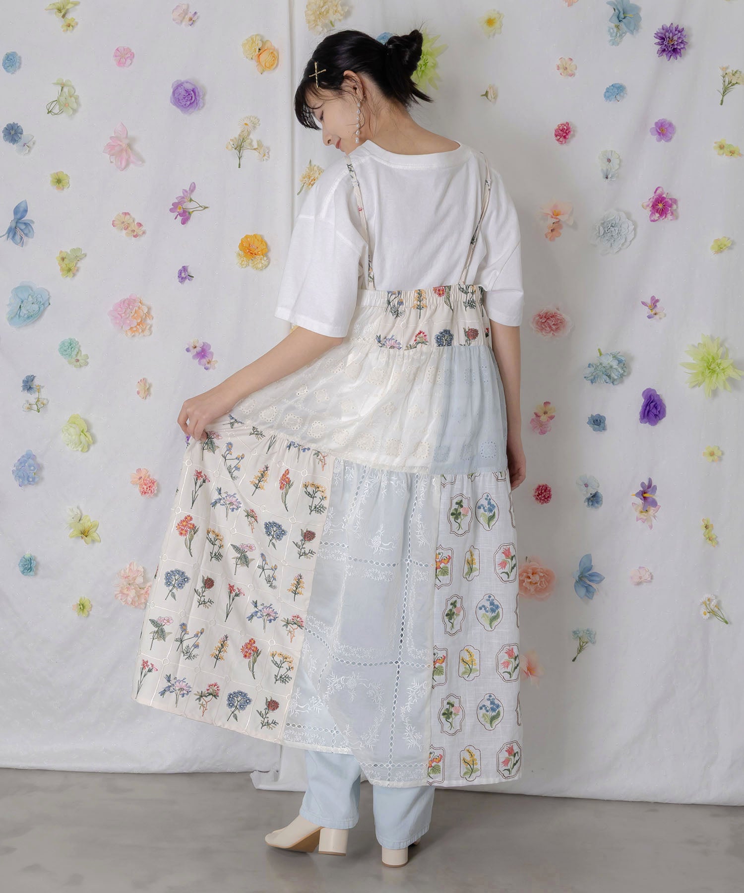 162603：花刺繍×コットンレース×シアー 異素材キャミワンピースの通販