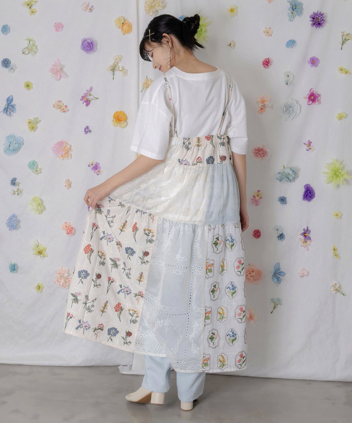 花刺繍×コットンレース×シアー 異素材キャミワンピース-4