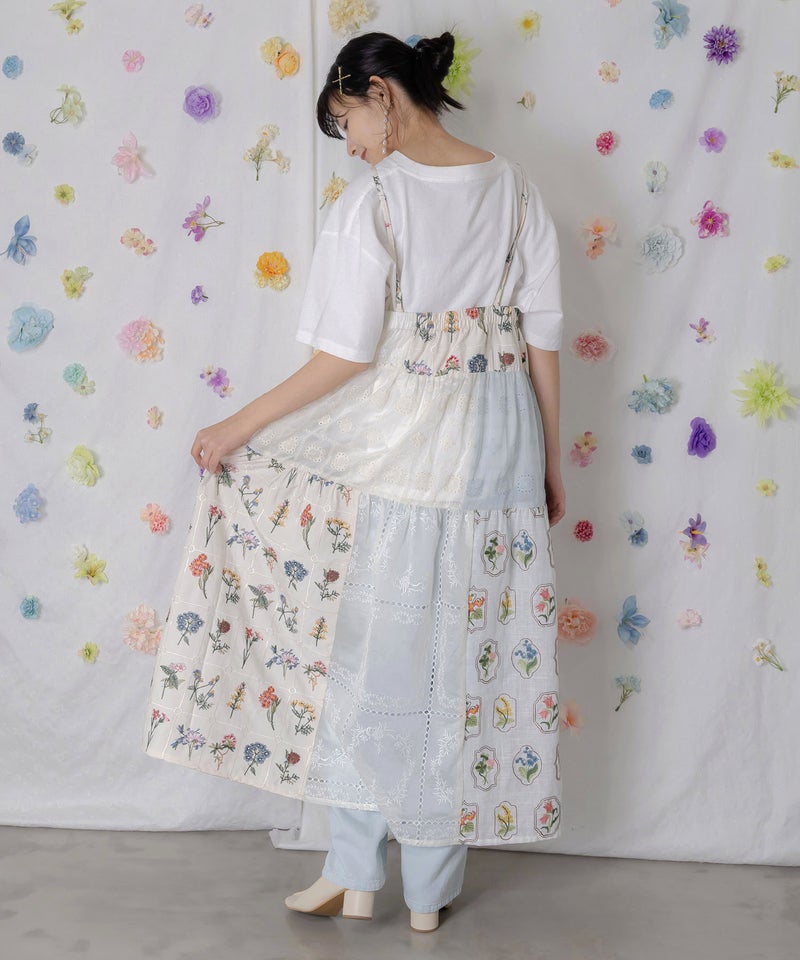 花刺繍×コットンレース×シアー 異素材キャミワンピース-4