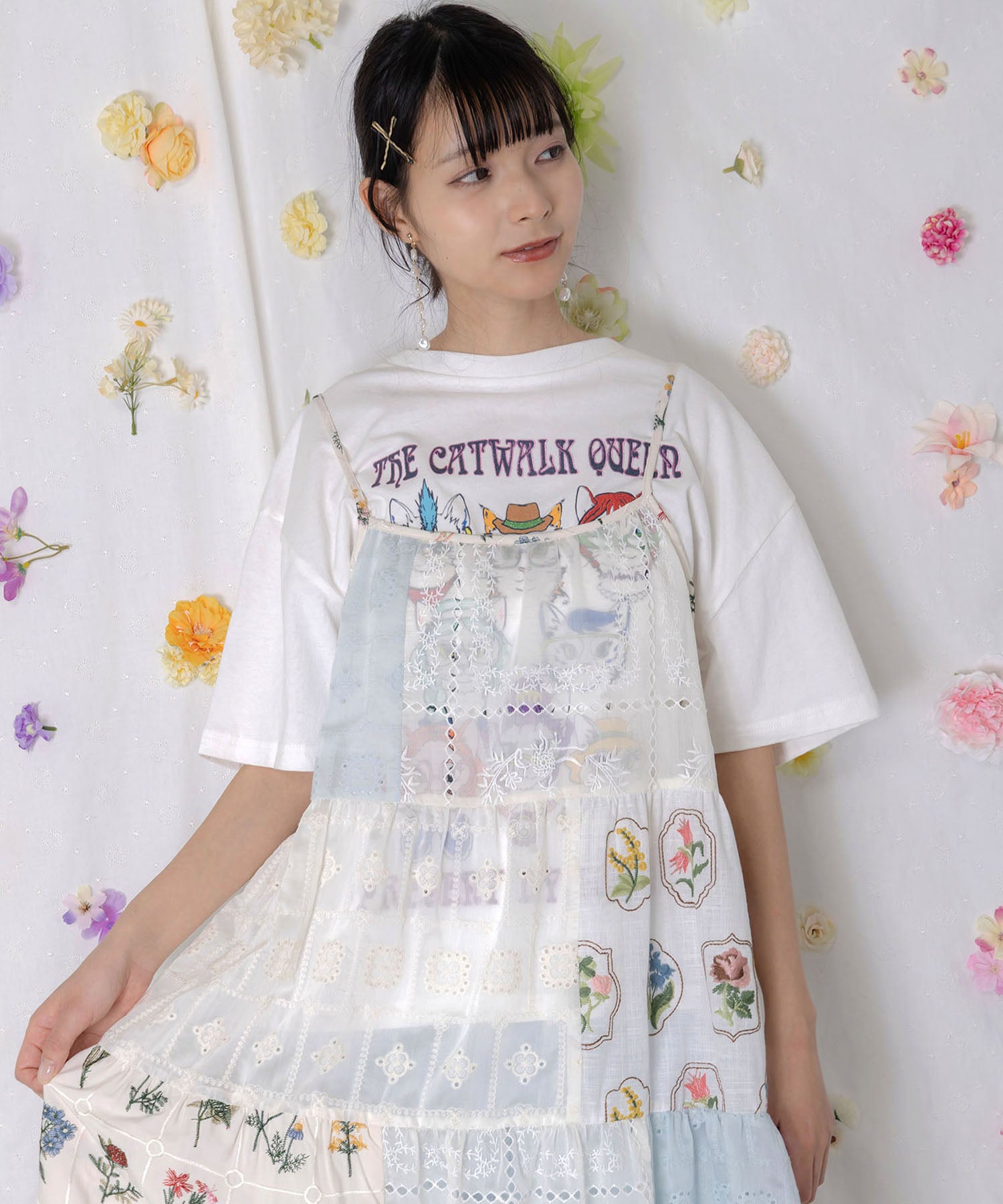 162603：花刺繍×コットンレース×シアー 異素材キャミワンピースの通販