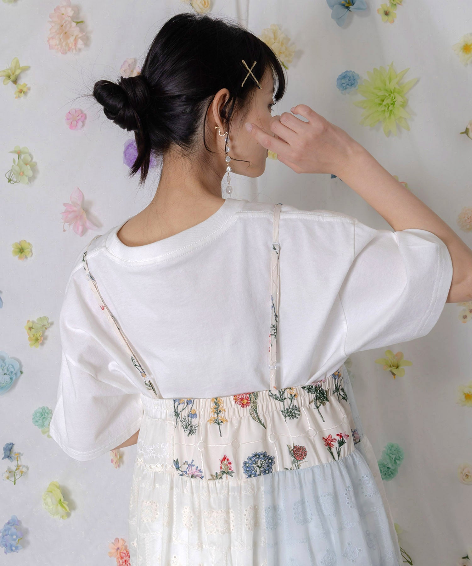 イギリスヴィンテージ 小花柄とスカラップコットンレース キャミワンピース 162603：花刺繍×コットンレース×シアー 異素材キャミワンピースの通販