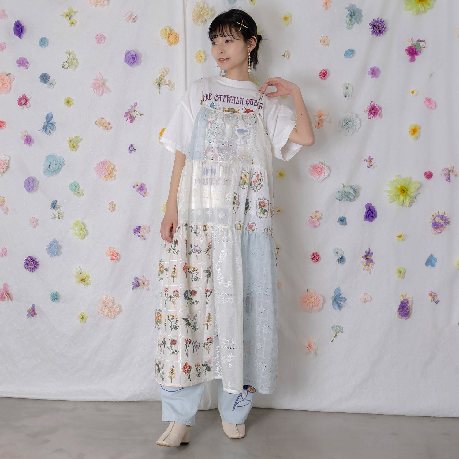 162603：花刺繍×コットンレース×シアー 異素材キャミワンピースの通販