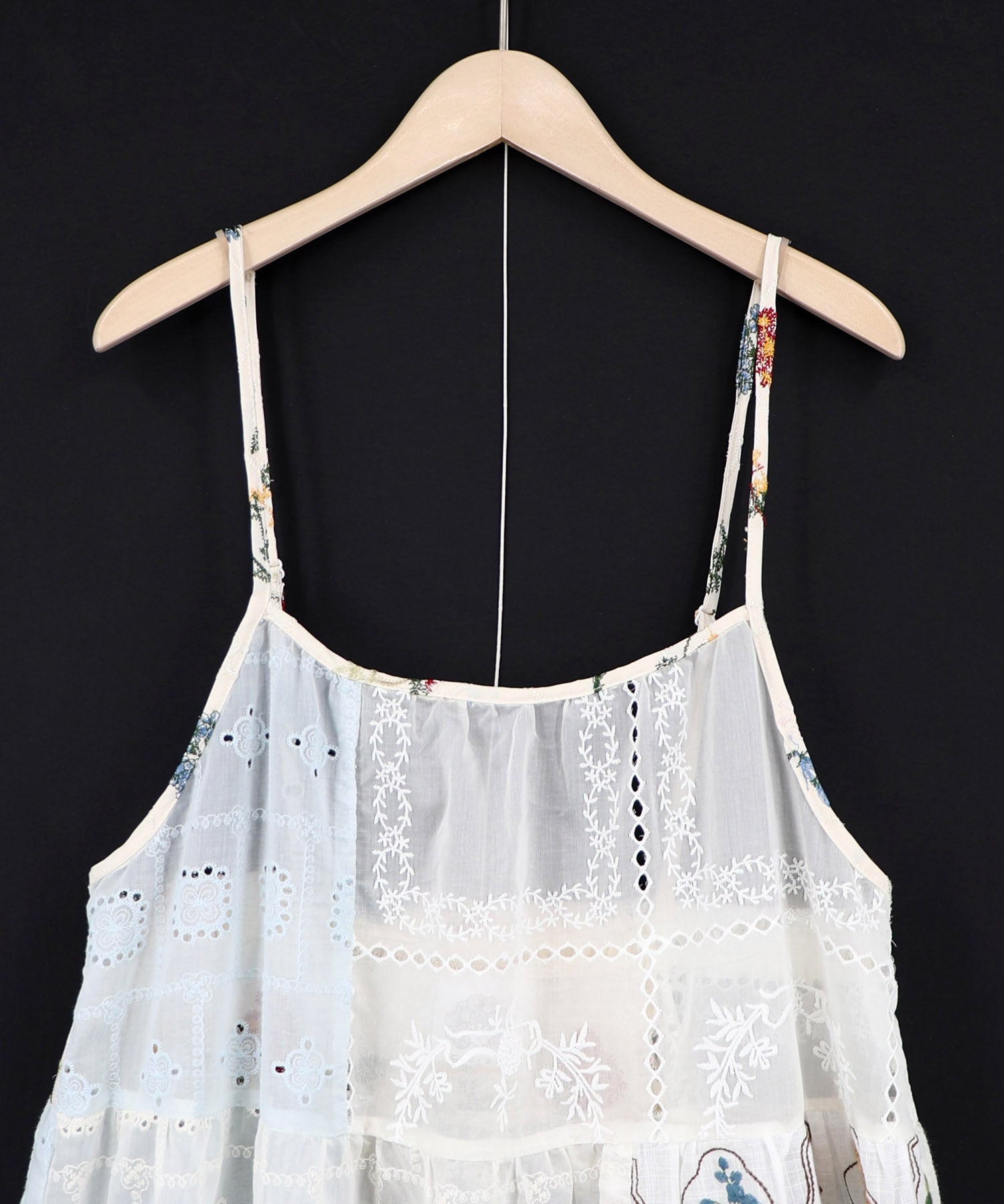 イギリスヴィンテージ 小花柄とスカラップコットンレース キャミワンピース 162603：花刺繍×コットンレース×シアー 異素材キャミワンピースの通販