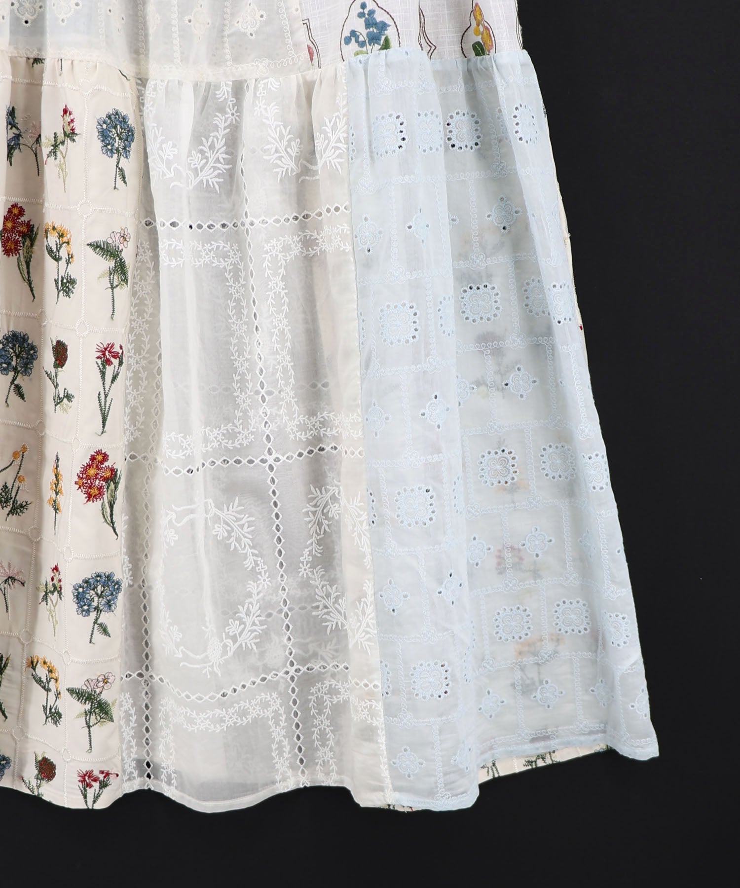 イギリスヴィンテージ 小花柄とスカラップコットンレース キャミワンピース 162603：花刺繍×コットンレース×シアー 異素材キャミワンピースの通販