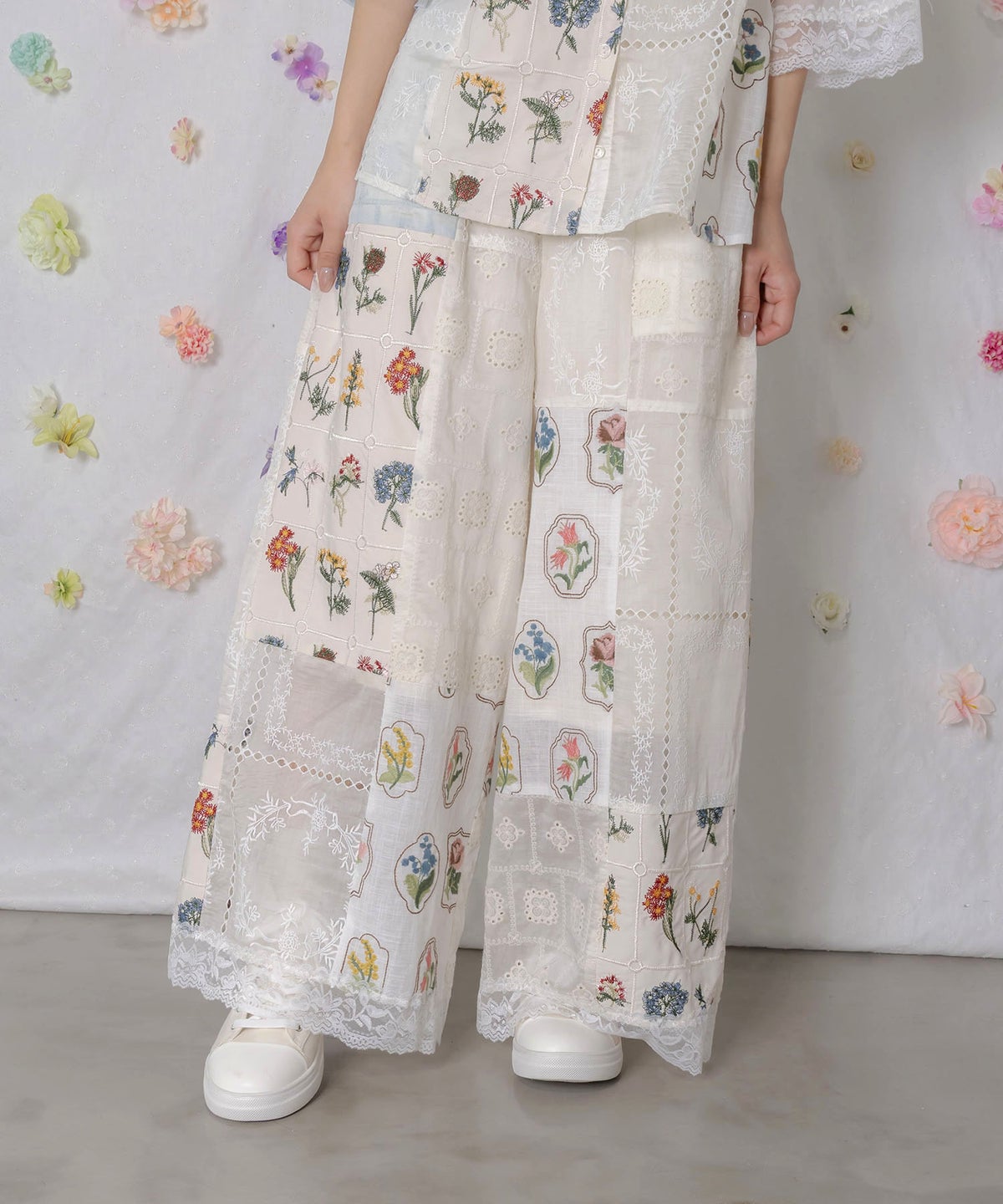 花刺繍×コットンレース×シアー 異素材パンツ-1