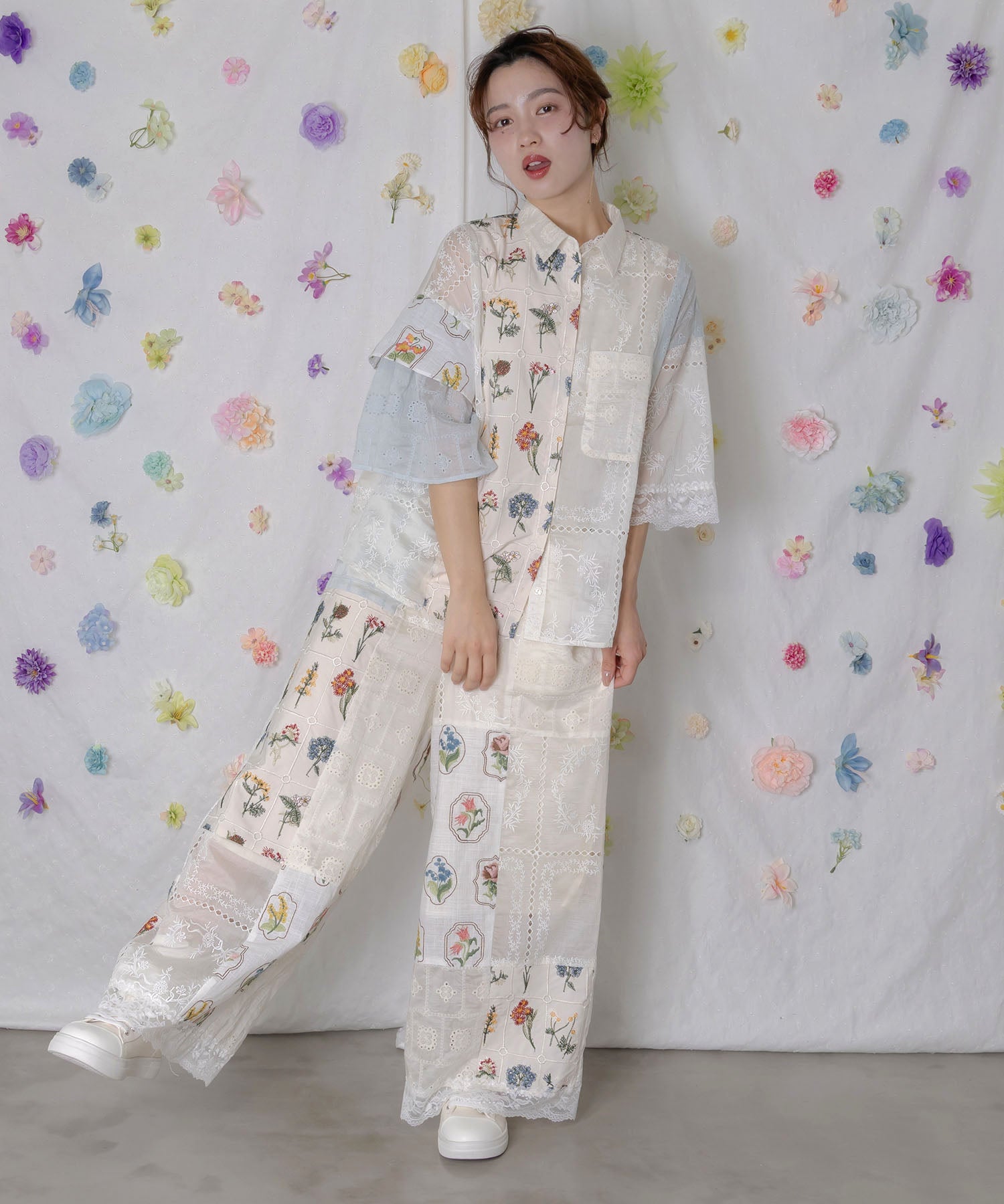 162602：花刺繍×コットンレース×シアー 異素材パンツの通販-ScoLar