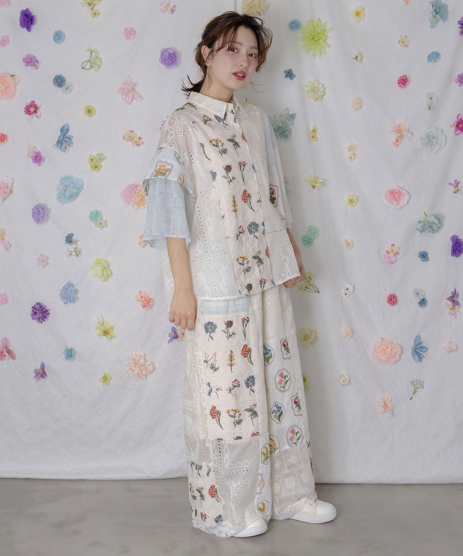 162602：花刺繍×コットンレース×シアー 異素材パンツの通販-ScoLar