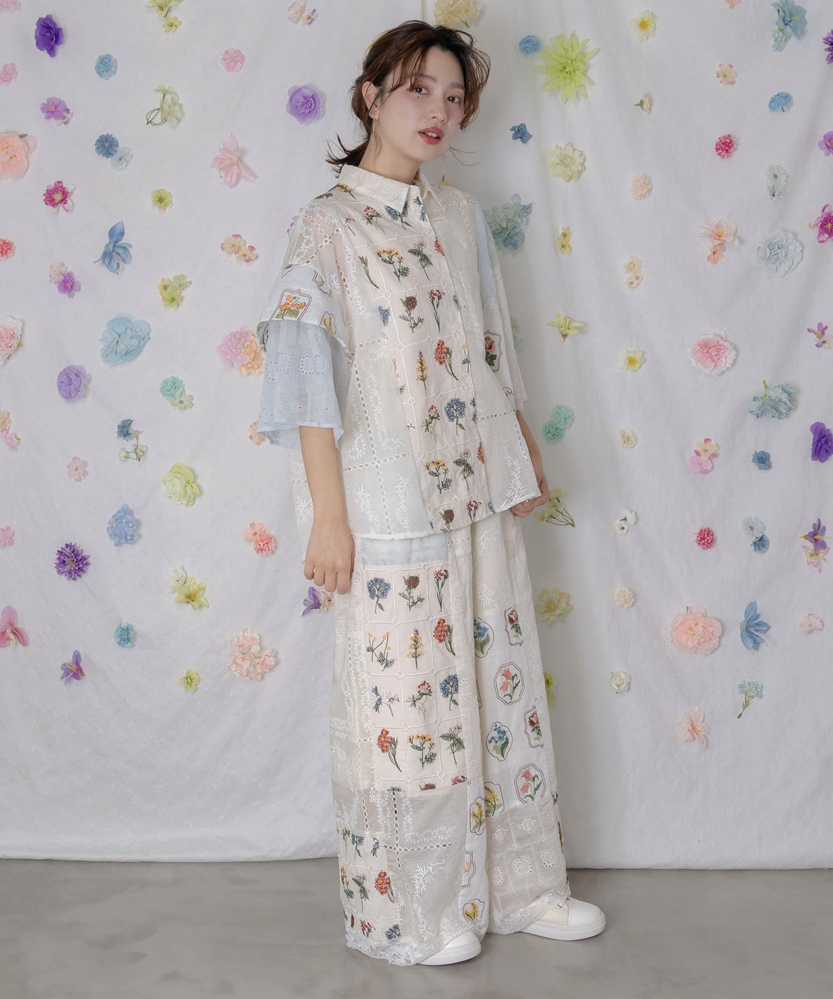 花刺繍×コットンレース×シアー 異素材パンツ-3