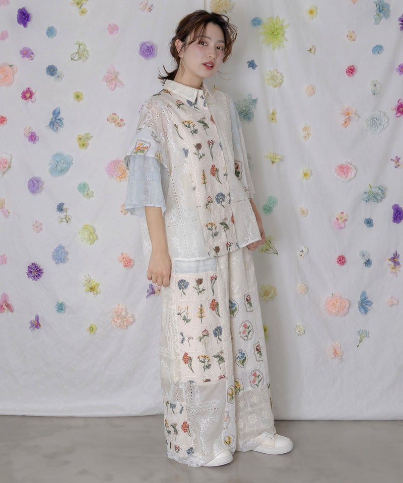 花刺繍×コットンレース×シアー 異素材パンツ-3