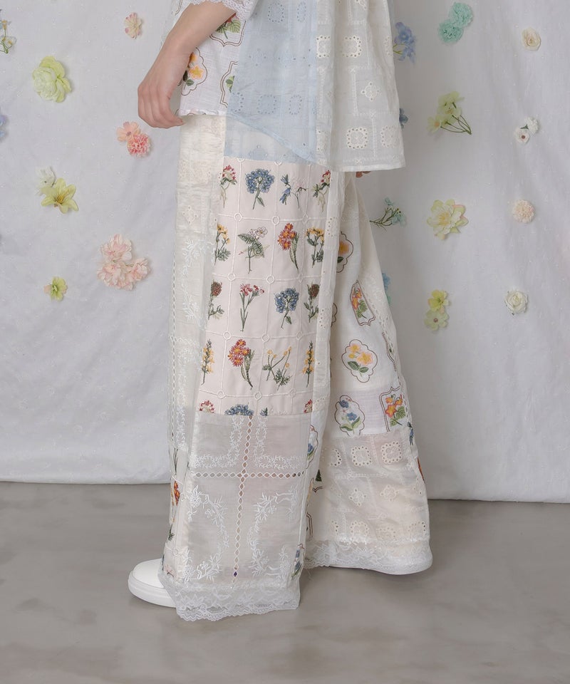 花刺繍×コットンレース×シアー 異素材パンツ-4