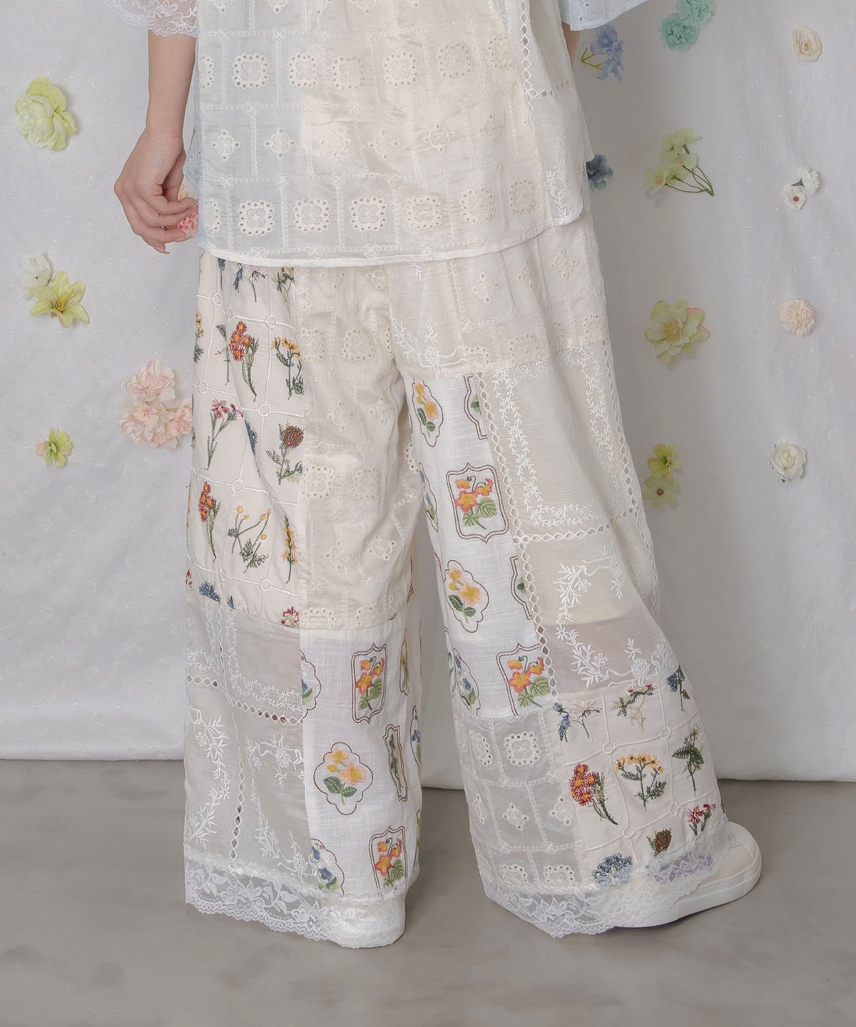 花刺繍×コットンレース×シアー 異素材パンツ-5
