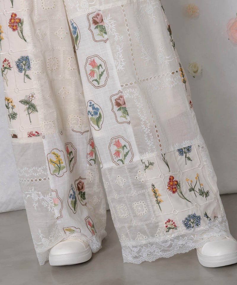 花刺繍×コットンレース×シアー 異素材パンツ-6