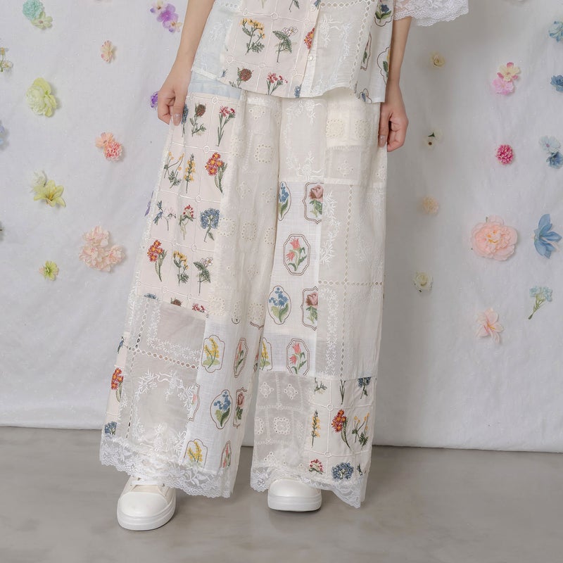 花刺繍×コットンレース×シアー 異素材パンツ-8