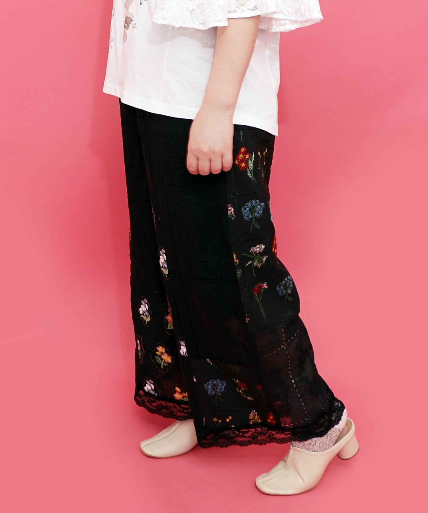 162602：花刺繍×コットンレース×シアー 異素材パンツの通販-ScoLar