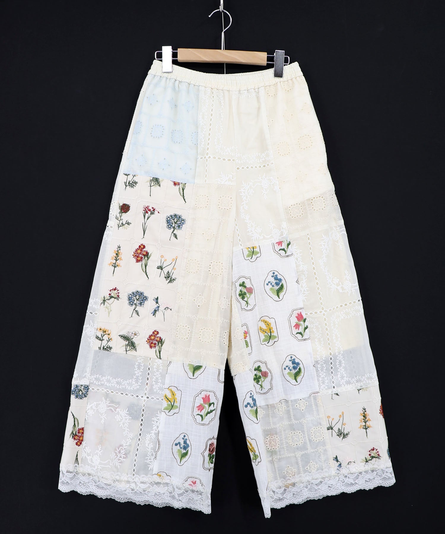 162602：花刺繍×コットンレース×シアー 異素材パンツの通販-ScoLar