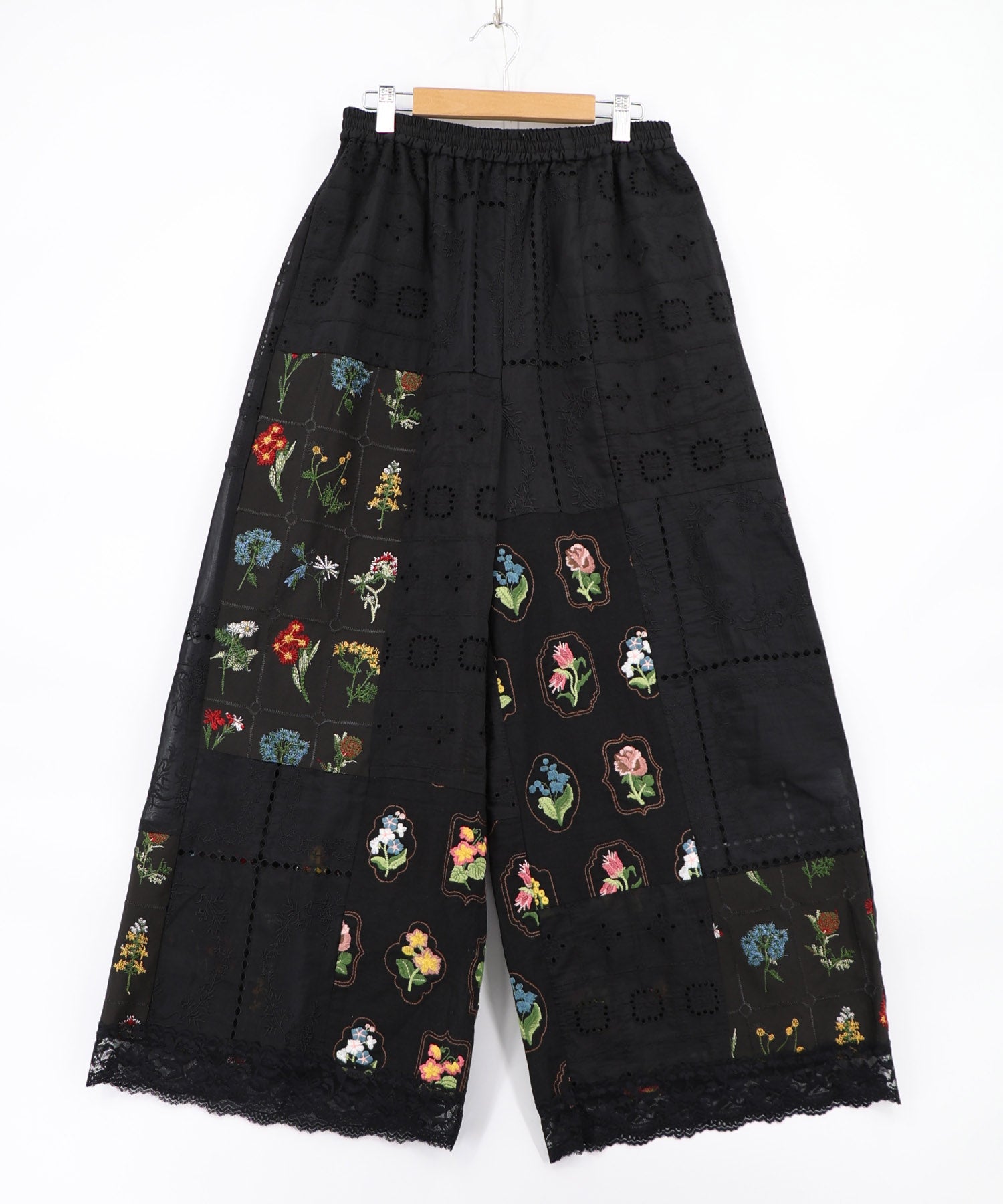 162602：花刺繍×コットンレース×シアー 異素材パンツの通販-ScoLar
