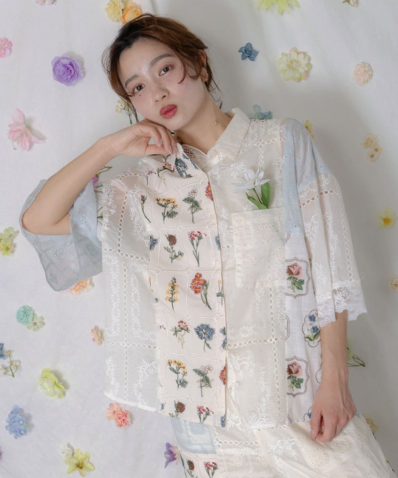 花刺繍×コットンレース×シアー 異素材シャツ-1