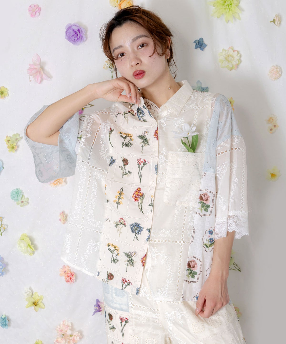 花刺繍×コットンレース×シアー 異素材シャツ-1