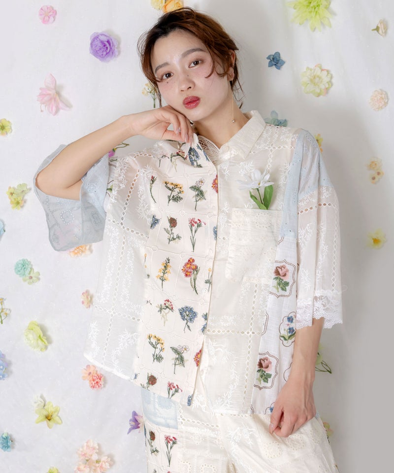 花刺繍×コットンレース×シアー 異素材シャツ-1