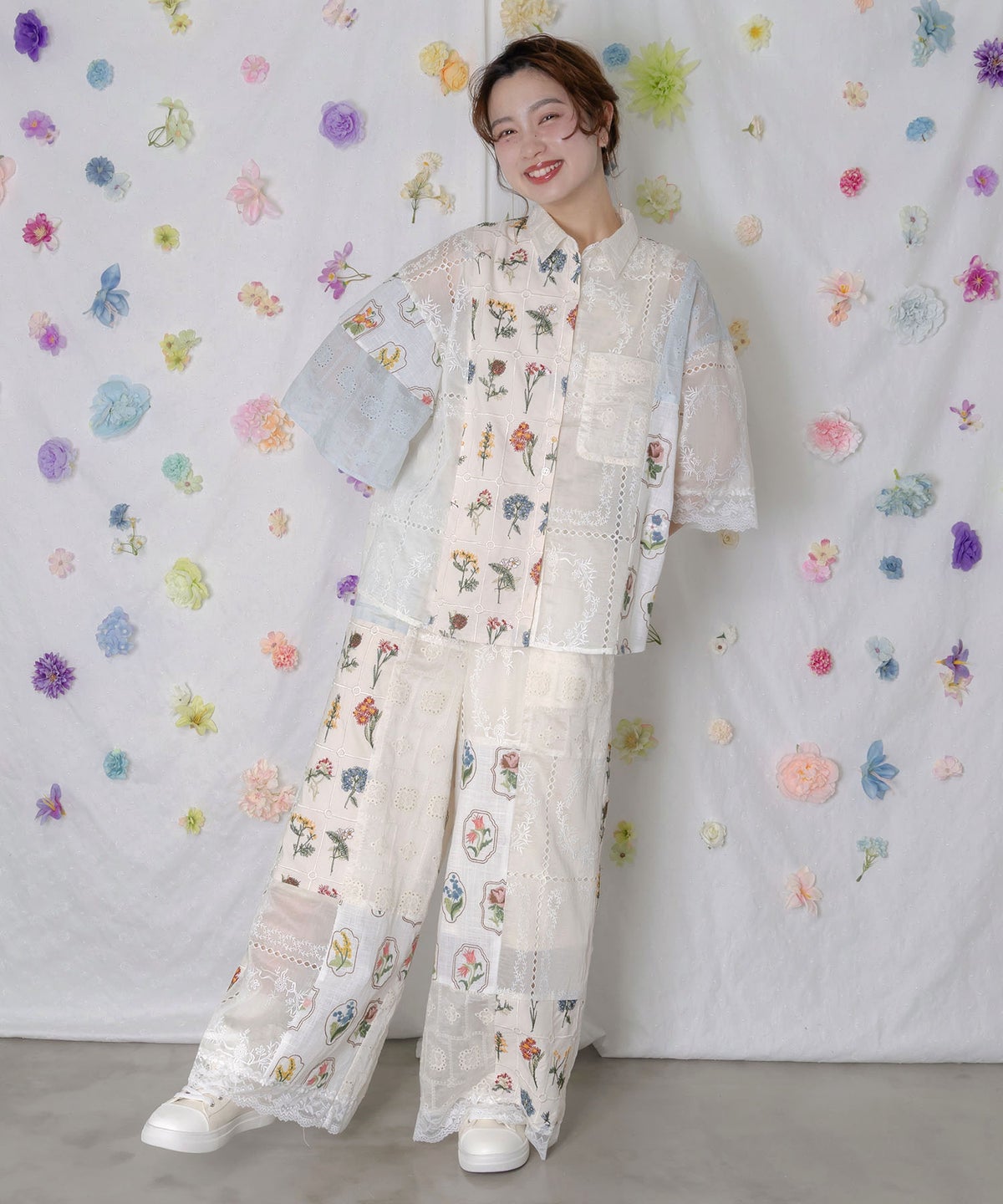 花刺繍×コットンレース×シアー 異素材シャツ-2