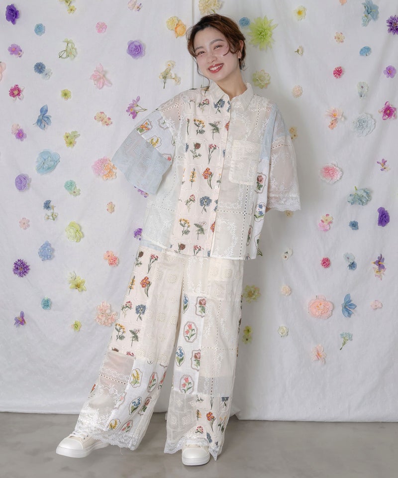 花刺繍×コットンレース×シアー 異素材シャツ-2