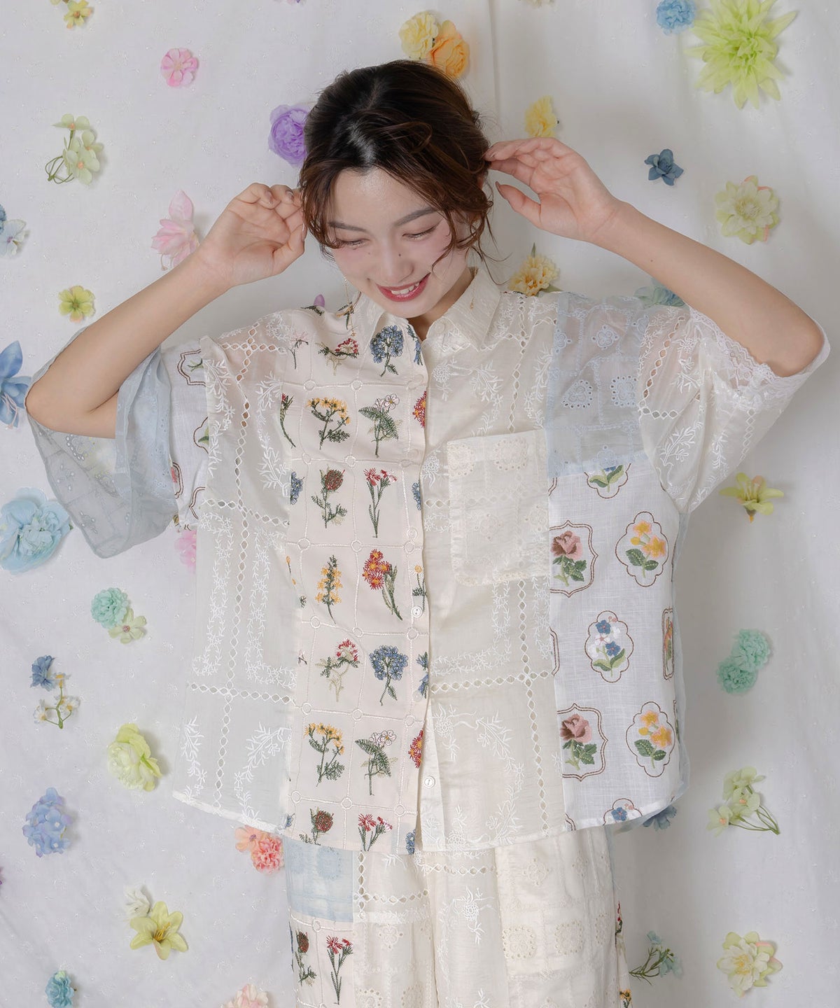 花刺繍×コットンレース×シアー 異素材シャツ-3
