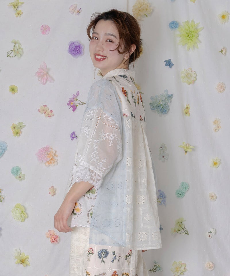 花刺繍×コットンレース×シアー 異素材シャツ-4