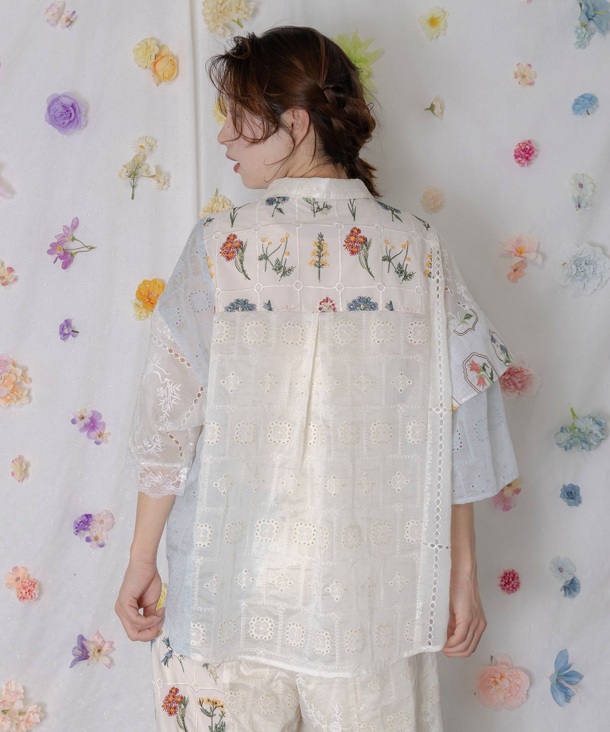 花刺繍×コットンレース×シアー 異素材シャツ-5