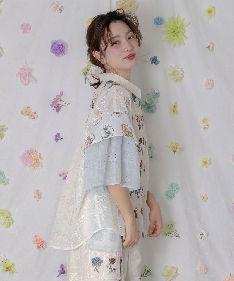 花刺繍×コットンレース×シアー 異素材シャツ-6