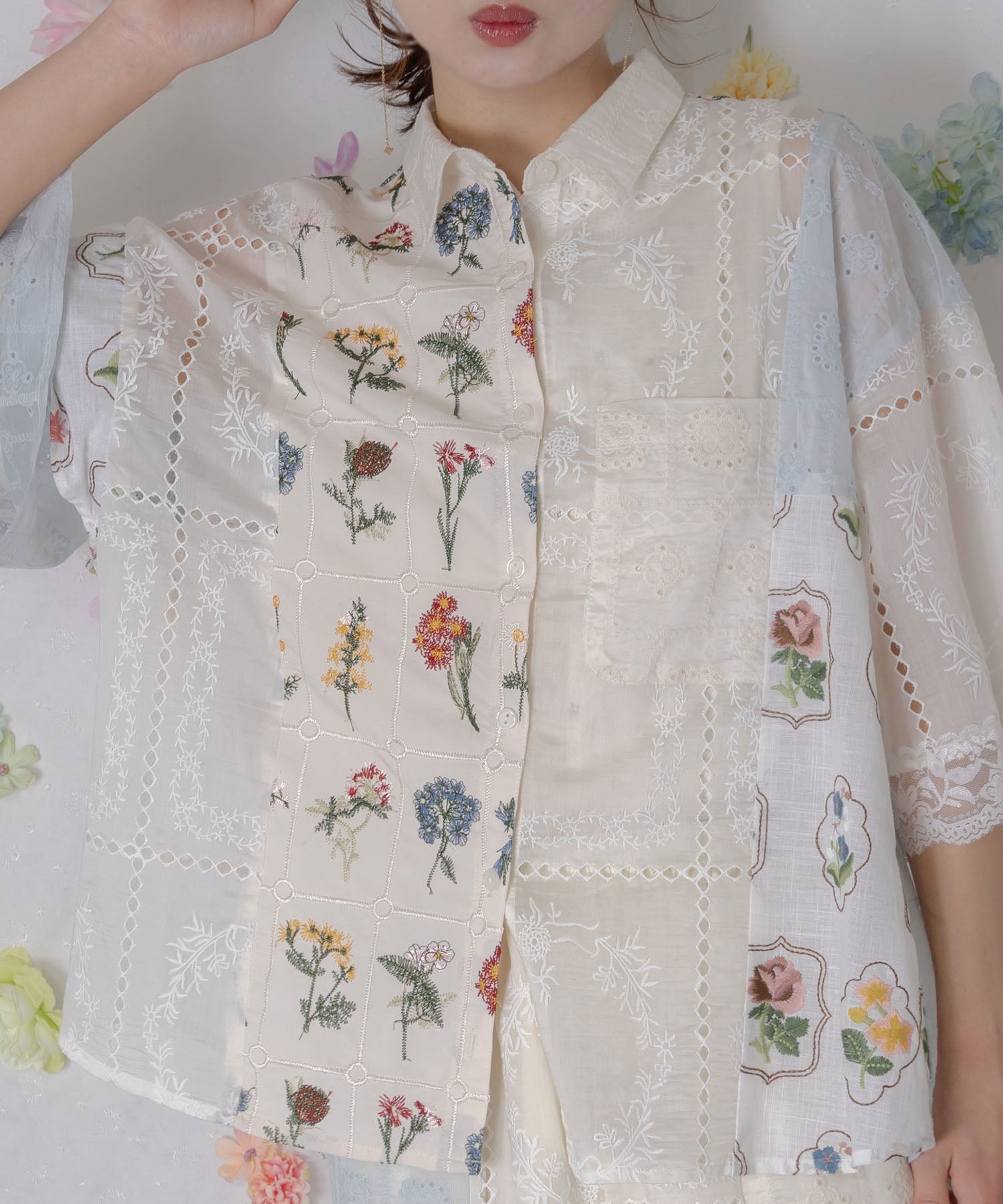 162601：花刺繍×コットンレース×シアー 異素材シャツの通販-ScoLar