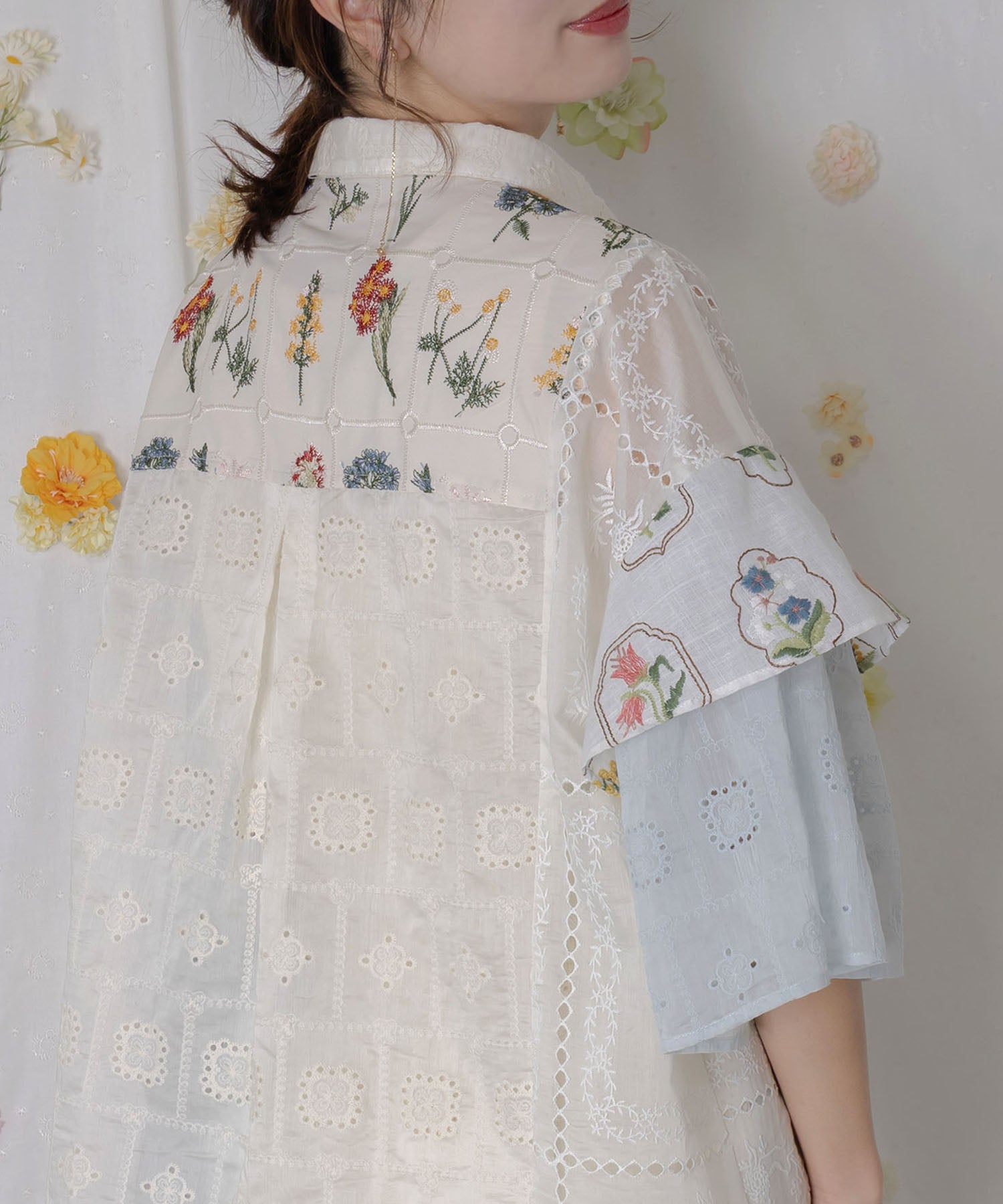 162601：花刺繍×コットンレース×シアー 異素材シャツの通販-ScoLar