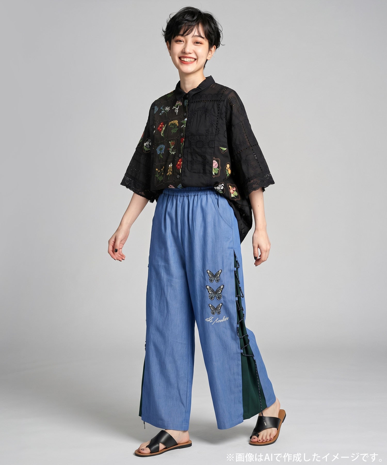 162601：花刺繍×コットンレース×シアー 異素材シャツの通販-ScoLar