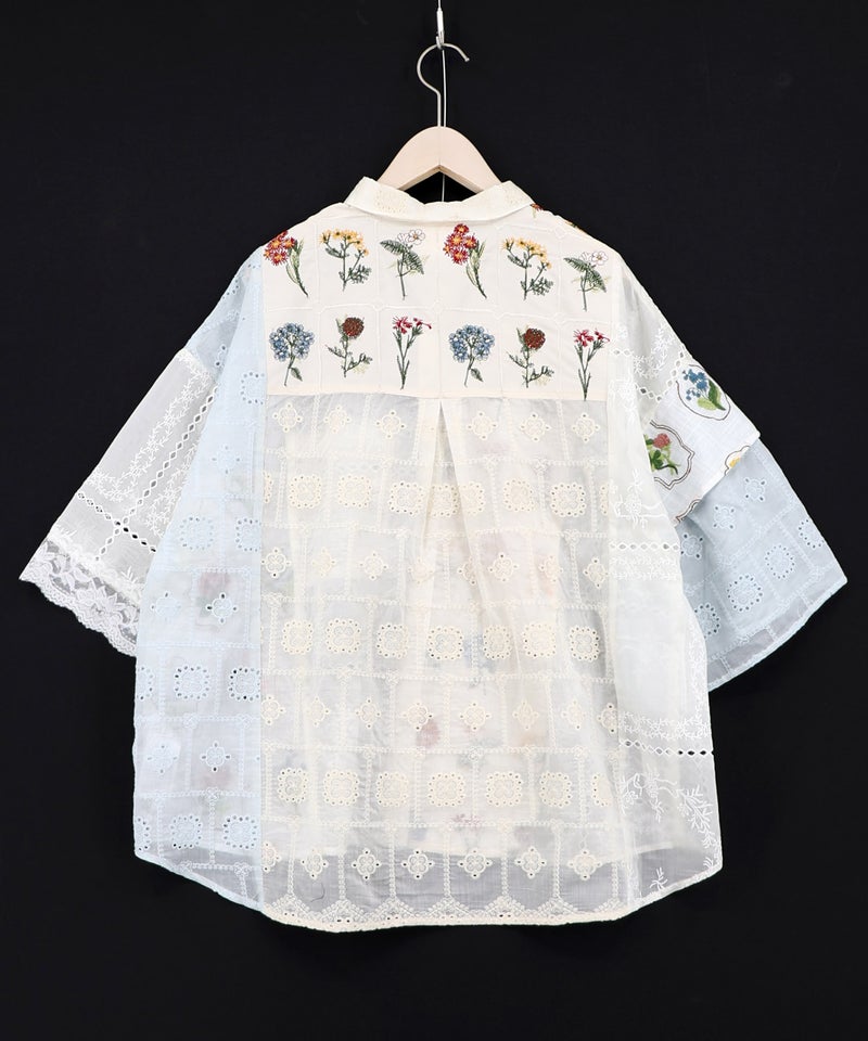 花刺繍×コットンレース×シアー 異素材シャツ-11