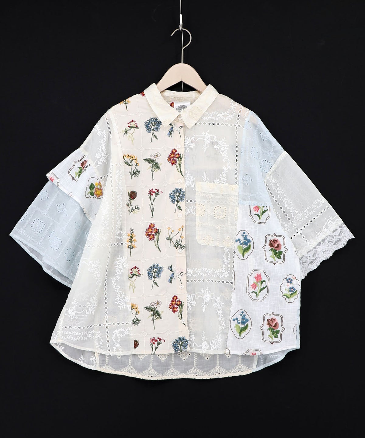 花刺繍×コットンレース×シアー 異素材シャツ-11