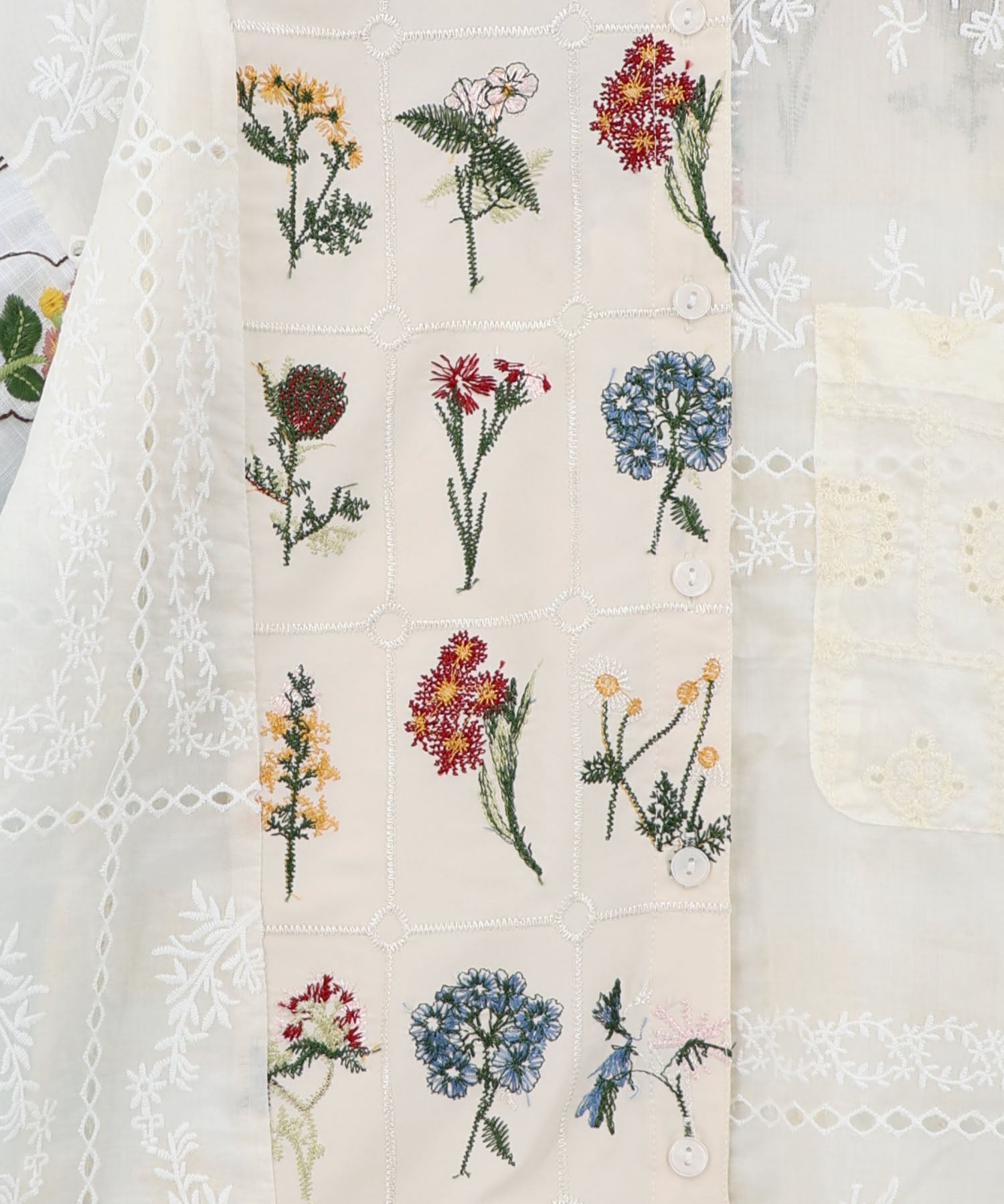 162601：花刺繍×コットンレース×シアー 異素材シャツの通販-ScoLar