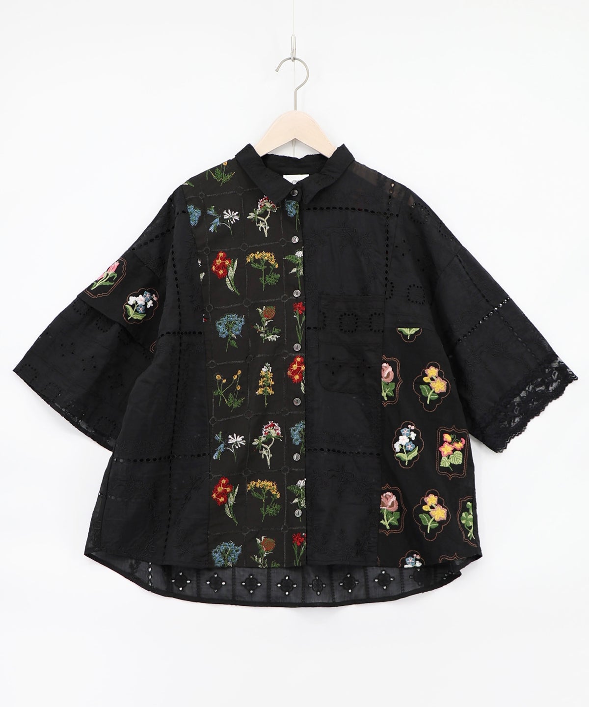 花刺繍×コットンレース×シアー 異素材シャツ-13