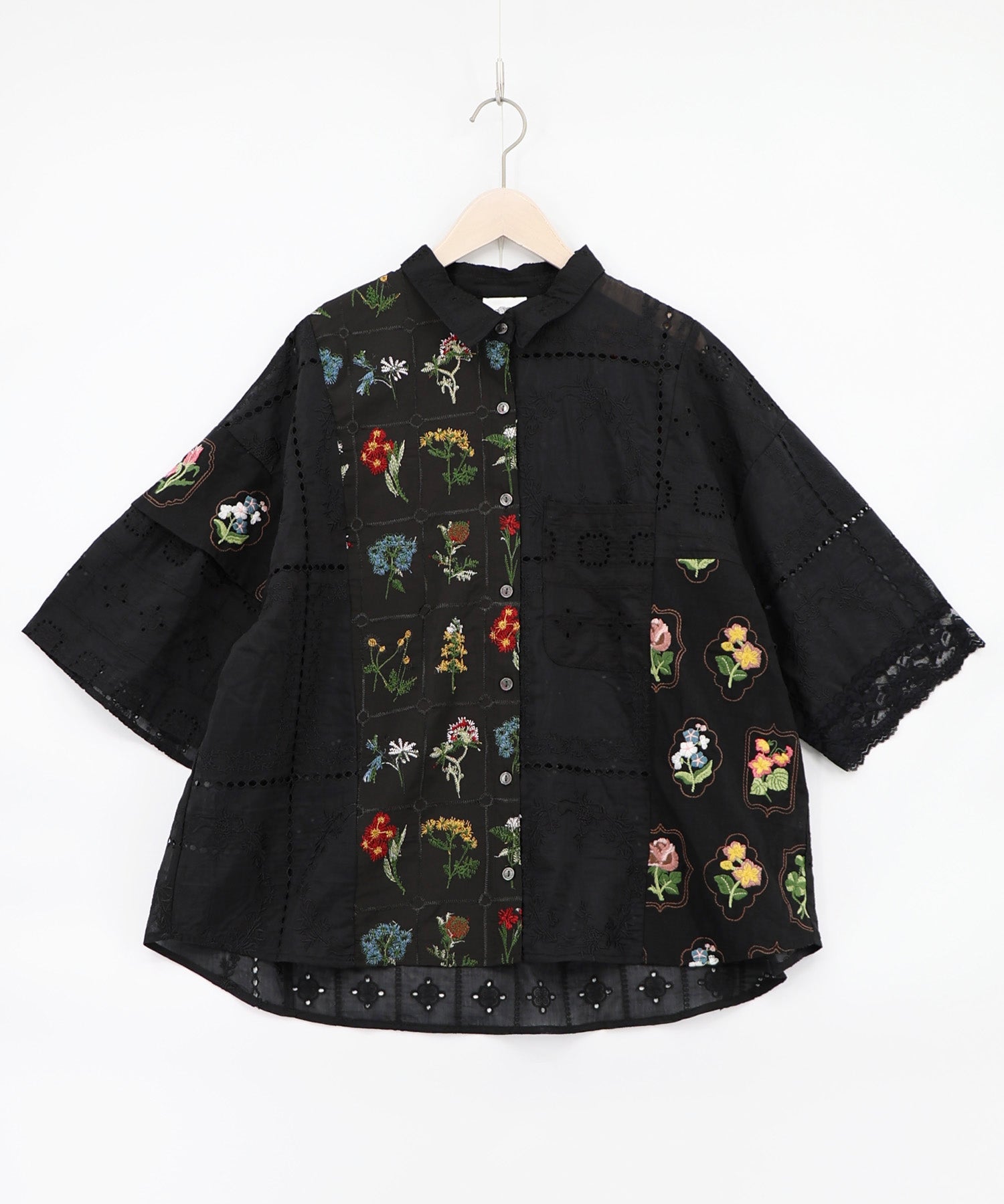 162601：花刺繍×コットンレース×シアー 異素材シャツの通販-ScoLar