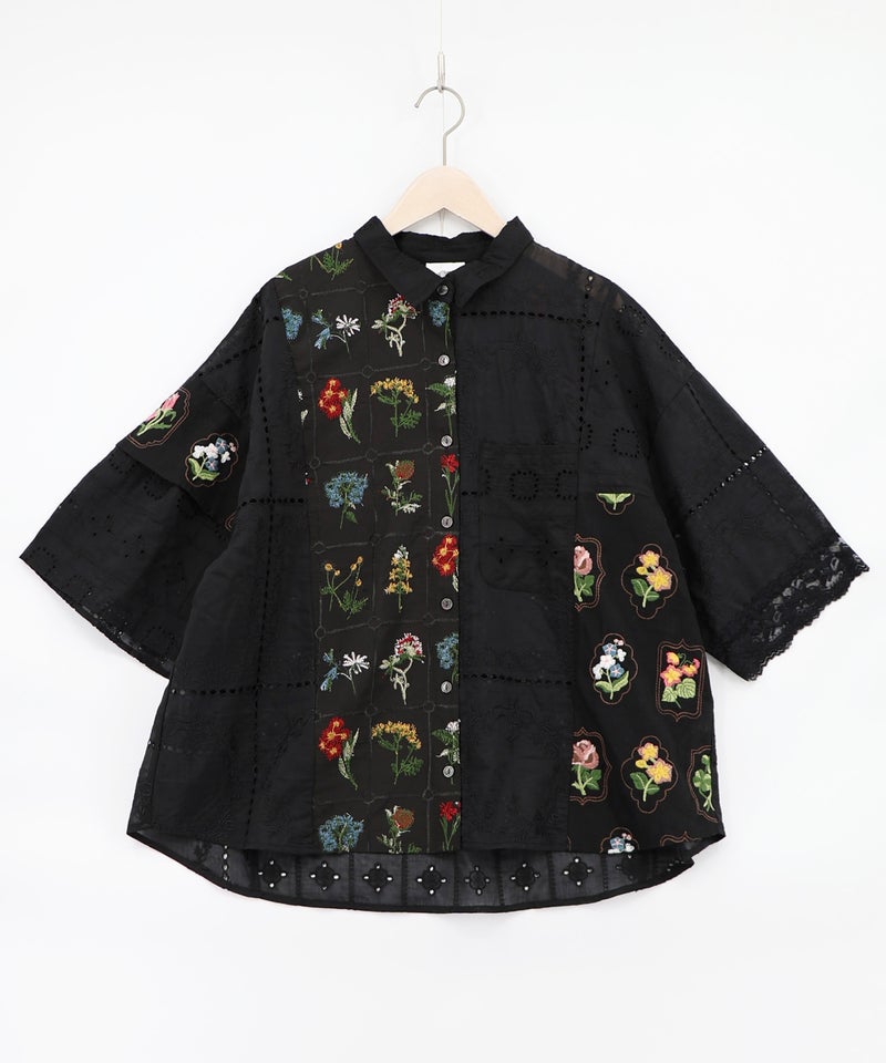 花刺繍×コットンレース×シアー 異素材シャツ-14