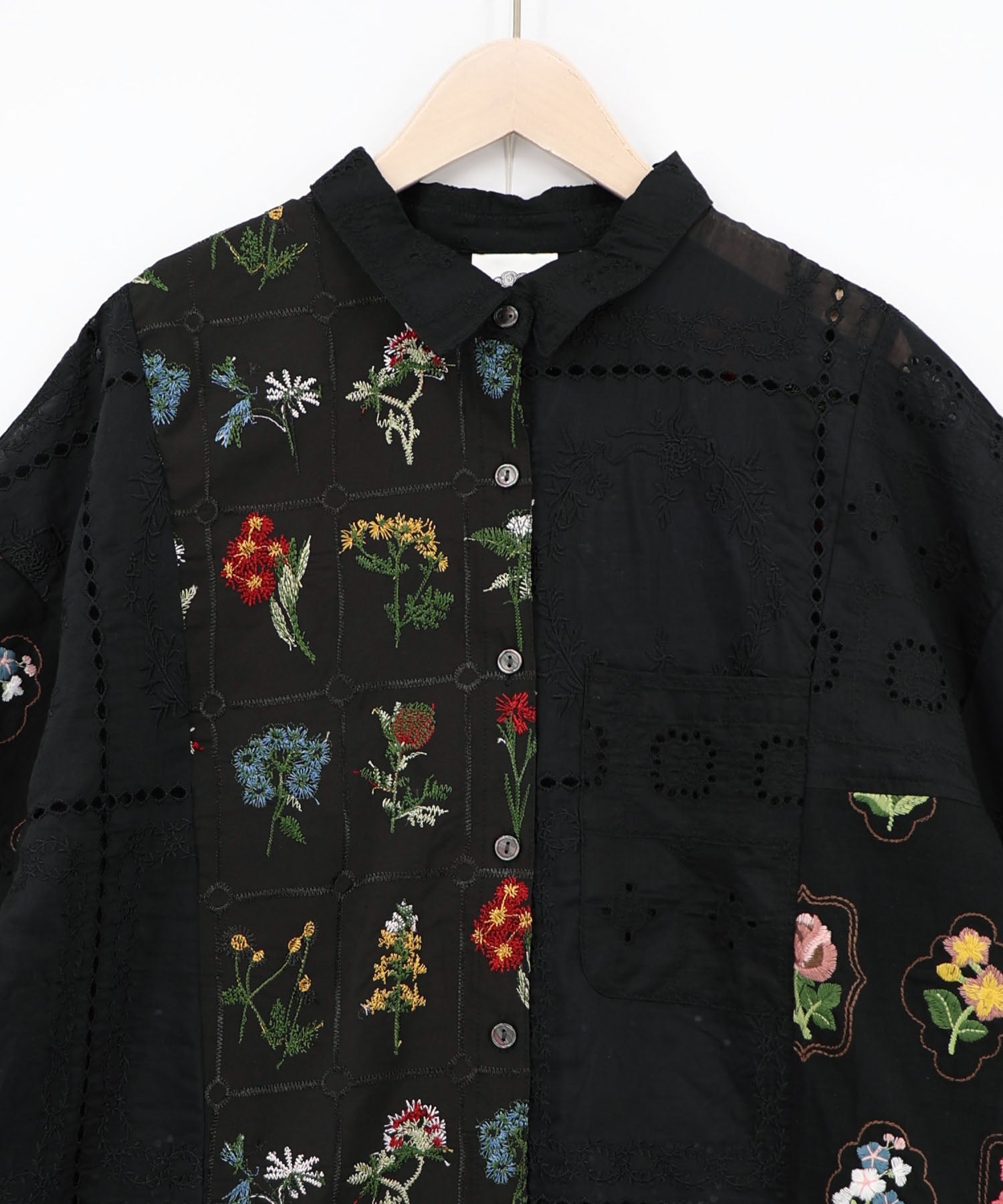 162601：花刺繍×コットンレース×シアー 異素材シャツの通販-ScoLar