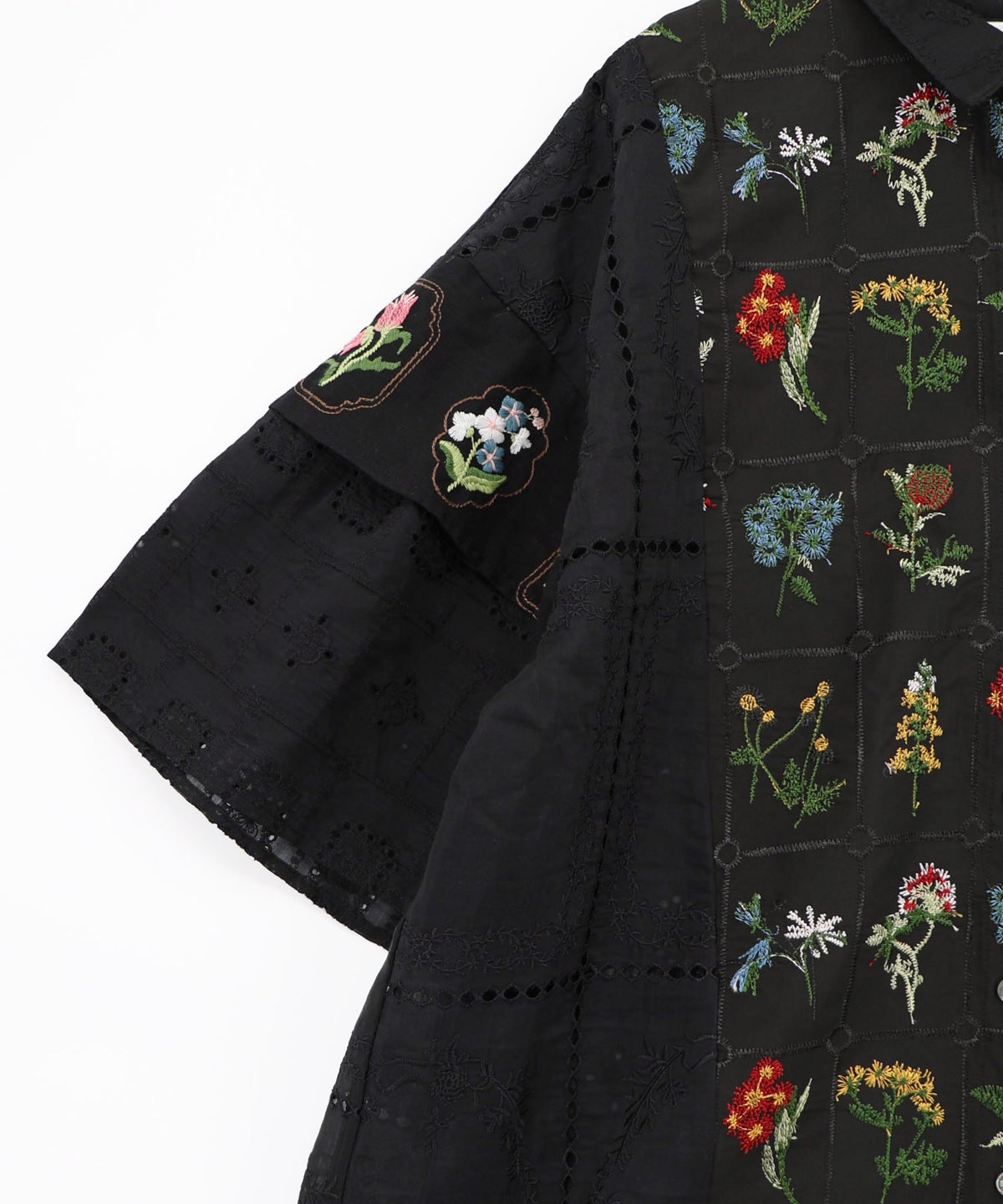 花刺繍×コットンレース×シアー 異素材シャツ-17