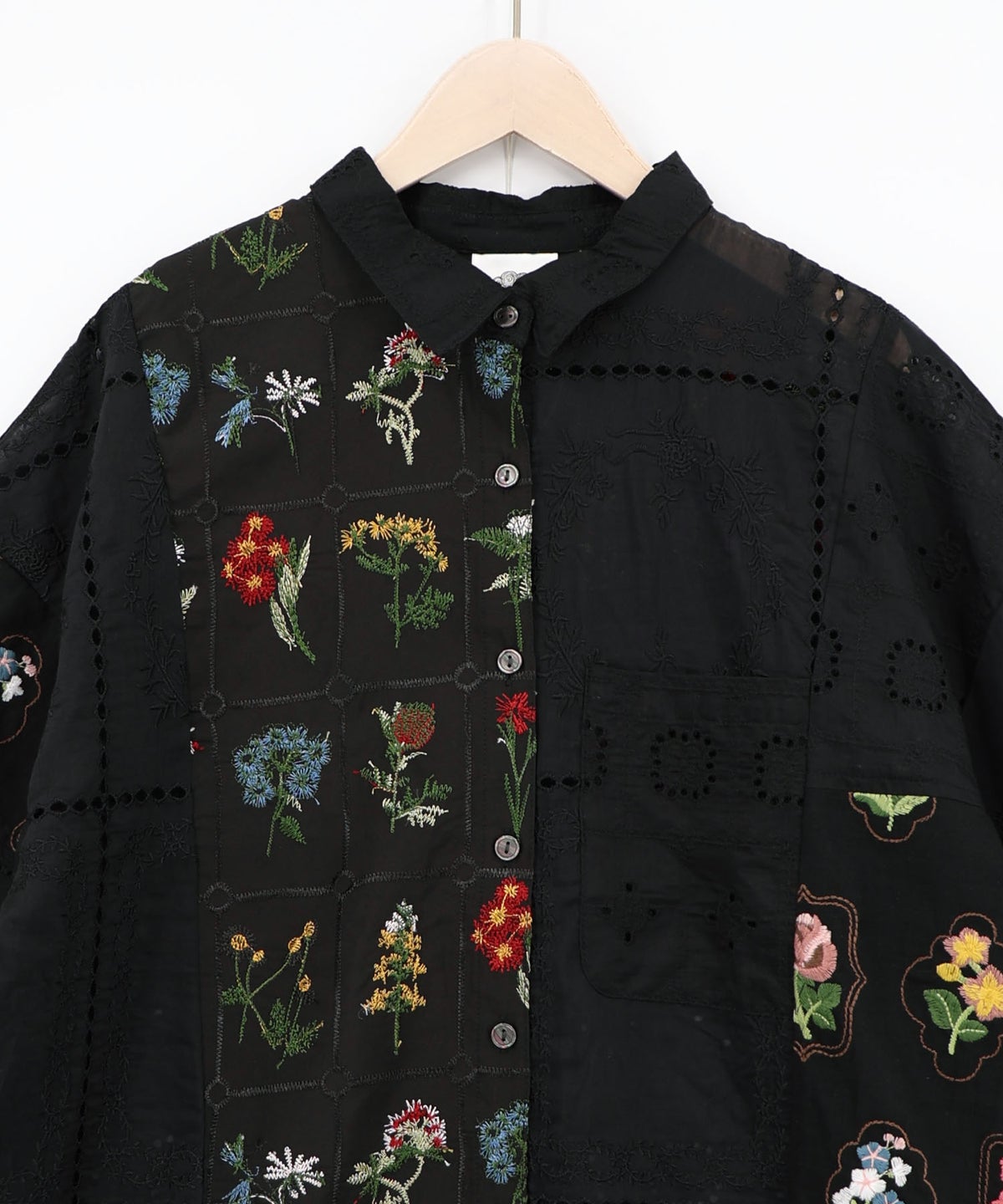 花刺繍×コットンレース×シアー 異素材シャツ-17