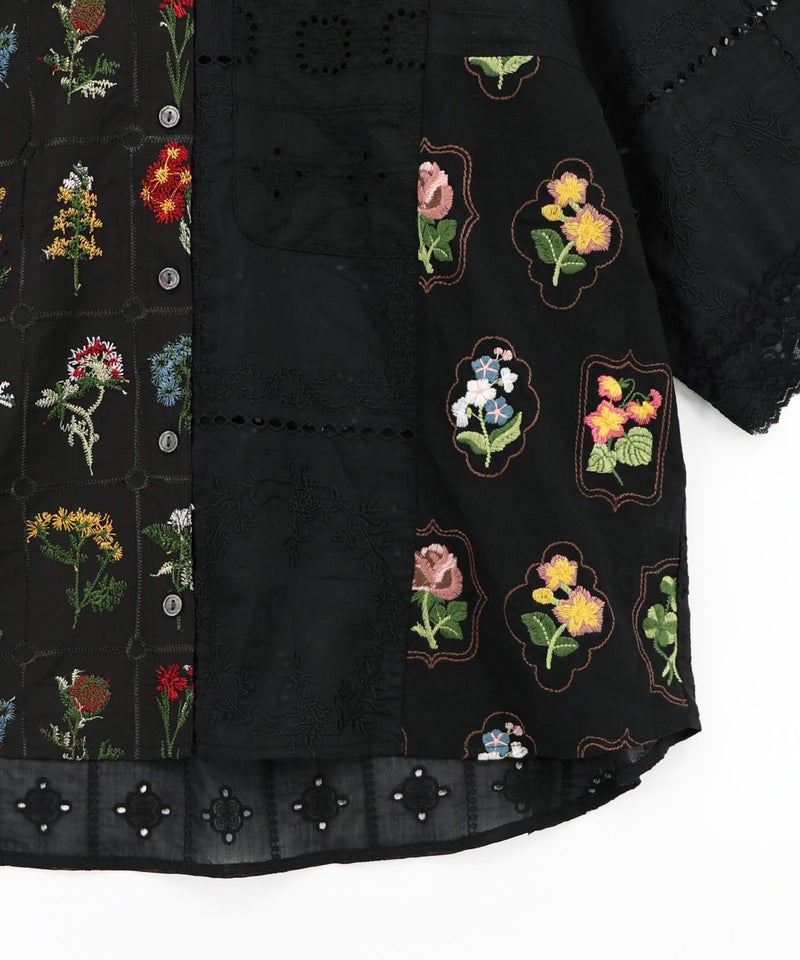 花刺繍×コットンレース×シアー 異素材シャツ-19