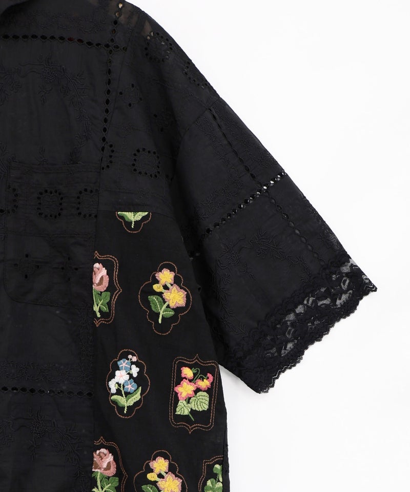 花刺繍×コットンレース×シアー 異素材シャツ-19