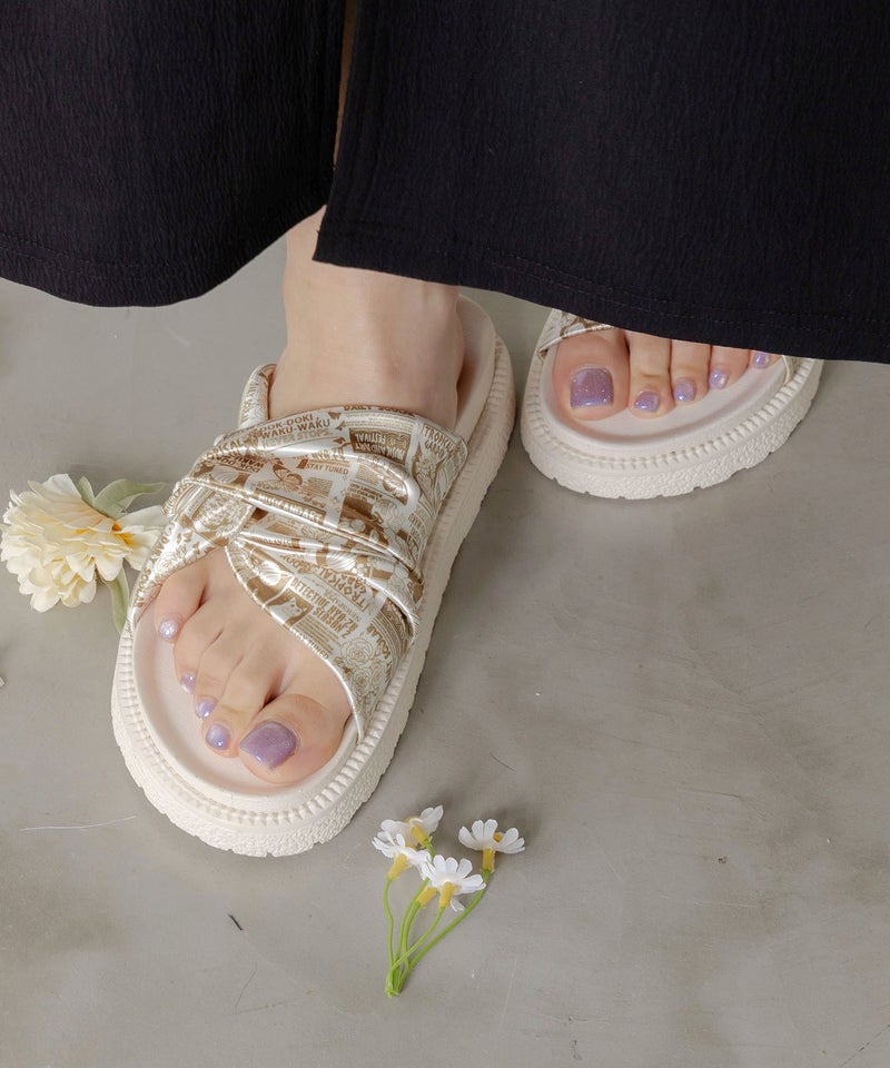 コラージュ柄スカーフねじりサンダル-1