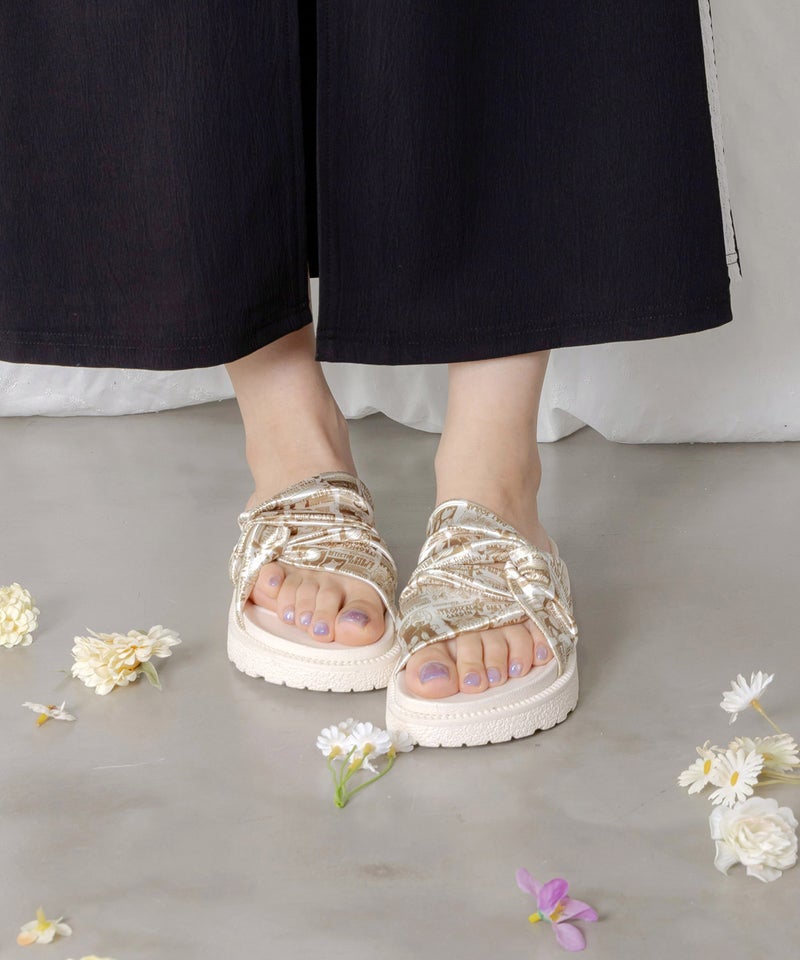 コラージュ柄スカーフねじりサンダル-3