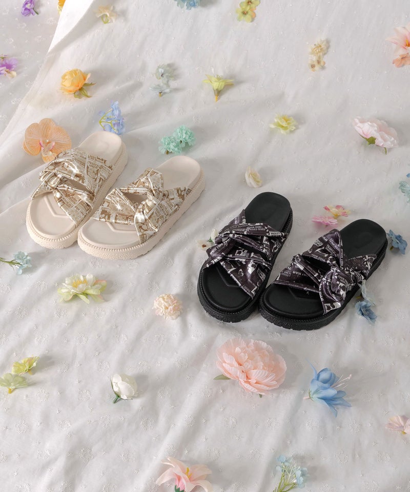 コラージュ柄スカーフねじりサンダル-14