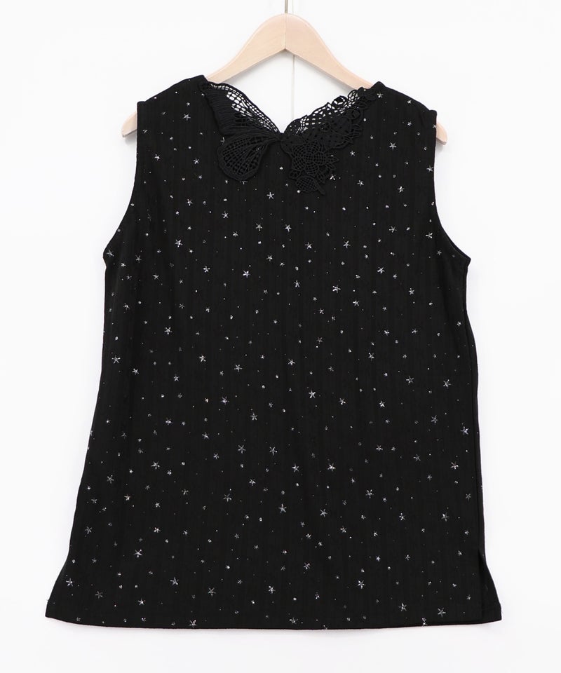 蝶バック刺繍 ラメ入り針抜きテレコタンクトップ-8