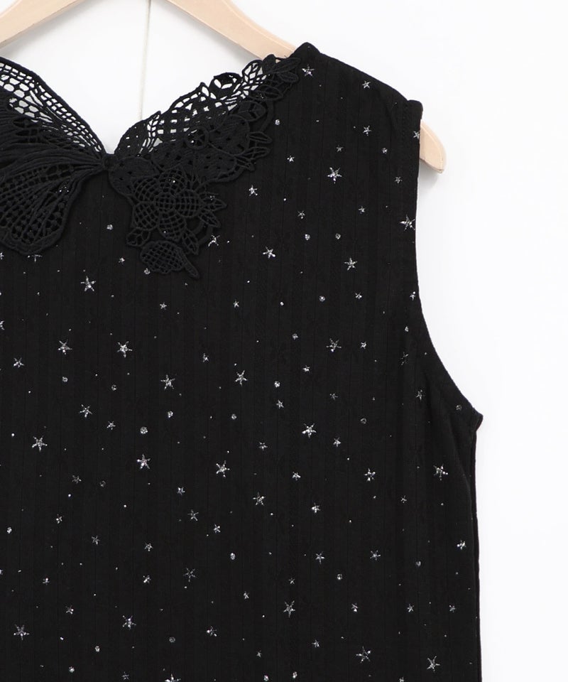 蝶バック刺繍 ラメ入り針抜きテレコタンクトップ-11